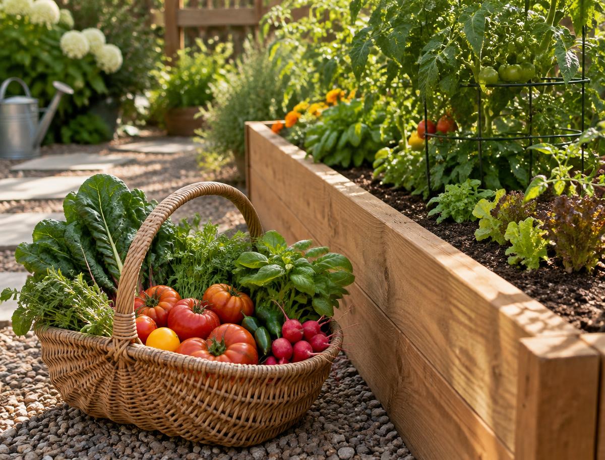 Basket of fresh vegetables beside a productive raised garden bed