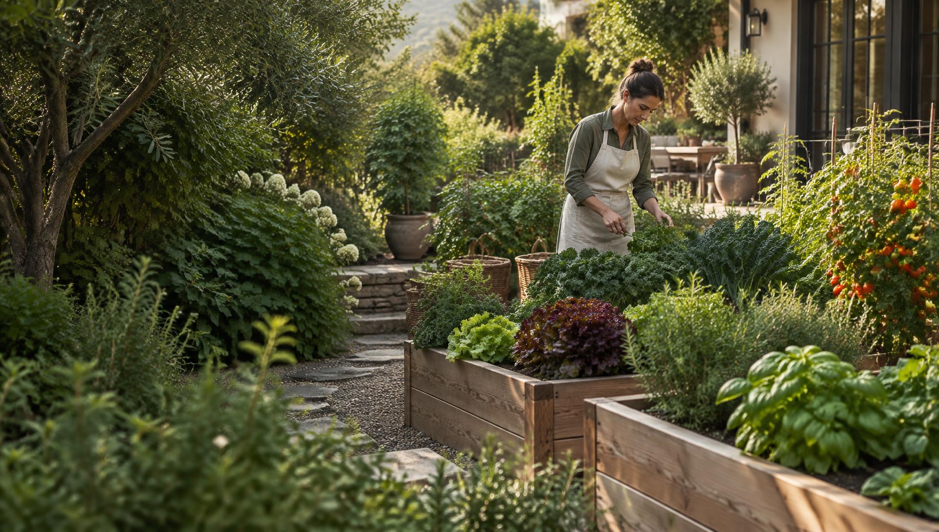 Organized backyard kitchen garden with flourishing raised beds